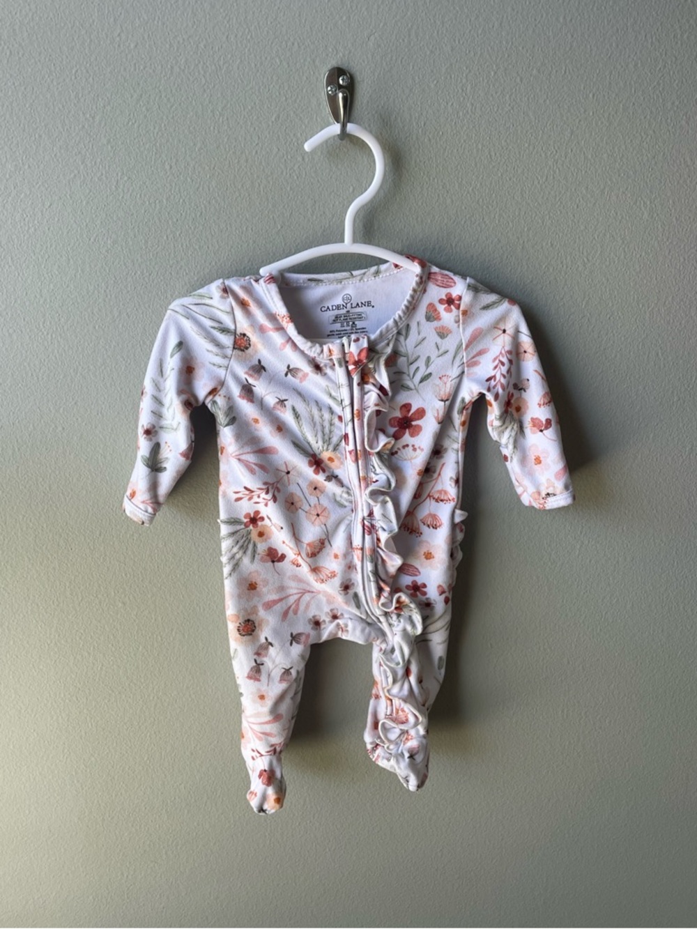 Caden Lane // White and Pink Floral Footie with Ruffles and Foldover Mittens